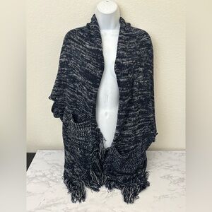 Crochet Poncho Blue Short Sleeve Crochet Poncho Knit Open Pockets Fringe​